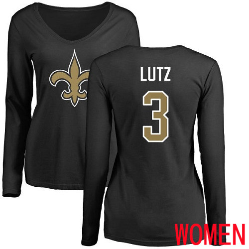 New Orleans Saints Black Women Wil Lutz Name and Number Logo Slim Fit NFL Football #3 Long Sleeve T Shirt->nfl t-shirts->Sports Accessory